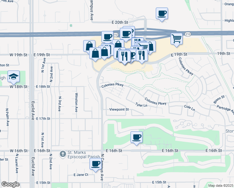 map of restaurants, bars, coffee shops, grocery stores, and more near 872 Matthys Way in Upland