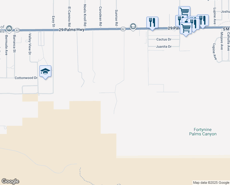 map of restaurants, bars, coffee shops, grocery stores, and more near Sullivan Road in Twentynine Palms