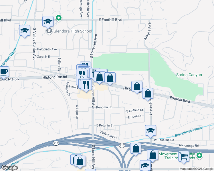 map of restaurants, bars, coffee shops, grocery stores, and more near 1948 East Route 66 in Glendora
