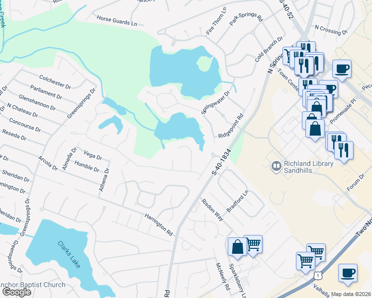 map of restaurants, bars, coffee shops, grocery stores, and more near 123 Fishers Shore Road in Columbia