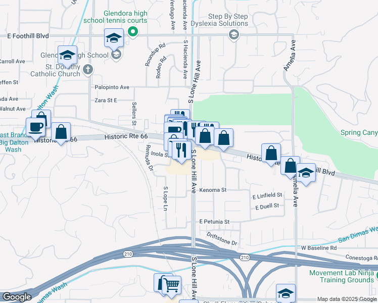 map of restaurants, bars, coffee shops, grocery stores, and more near 625 South Lone Hill Avenue in Glendora