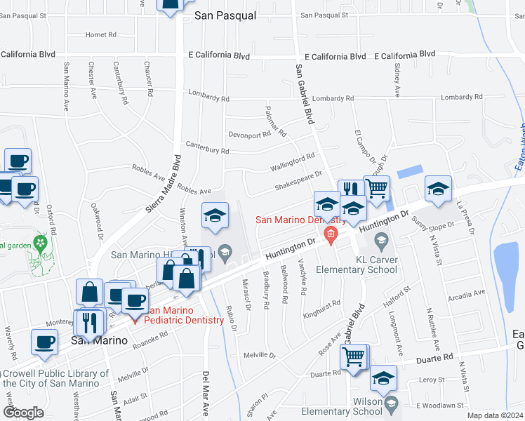 map of restaurants, bars, coffee shops, grocery stores, and more near 2789 Gainsborough Drive in San Marino