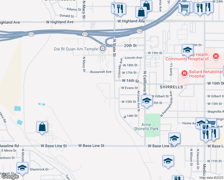 map of restaurants, bars, coffee shops, grocery stores, and more near 1555 North Grand Street in San Bernardino