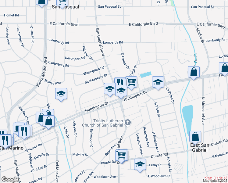 map of restaurants, bars, coffee shops, grocery stores, and more near 1155 S San Gabriel Blvd in San Marino