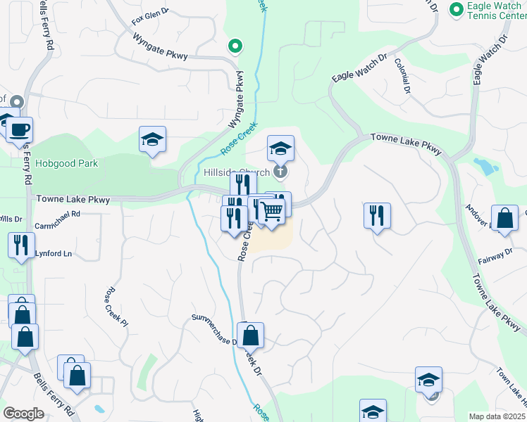 map of restaurants, bars, coffee shops, grocery stores, and more near 4475 Towne Lake Parkway in Woodstock