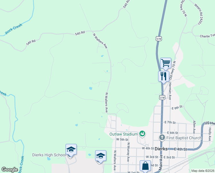 map of restaurants, bars, coffee shops, grocery stores, and more near 1307 North Walters Avenue in Dierks