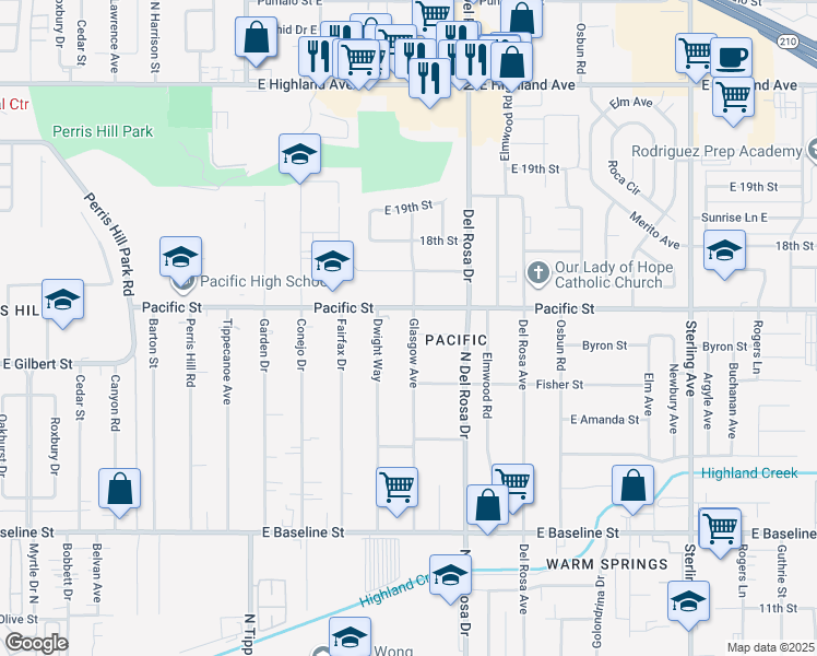 map of restaurants, bars, coffee shops, grocery stores, and more near 6938 Glasgow Avenue in San Bernardino