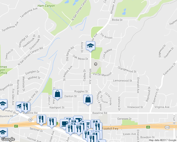 map of restaurants, bars, coffee shops, grocery stores, and more near 5017 Wheeler Avenue in La Verne