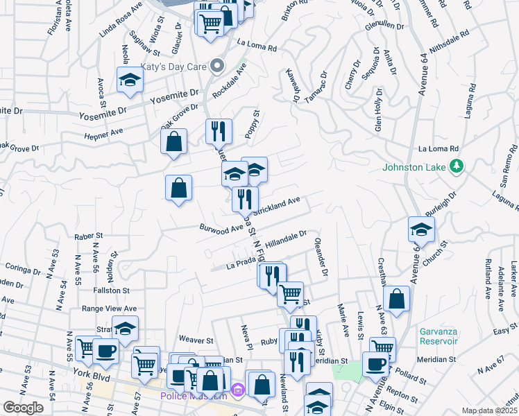 map of restaurants, bars, coffee shops, grocery stores, and more near 6123 Strickland Avenue in Los Angeles