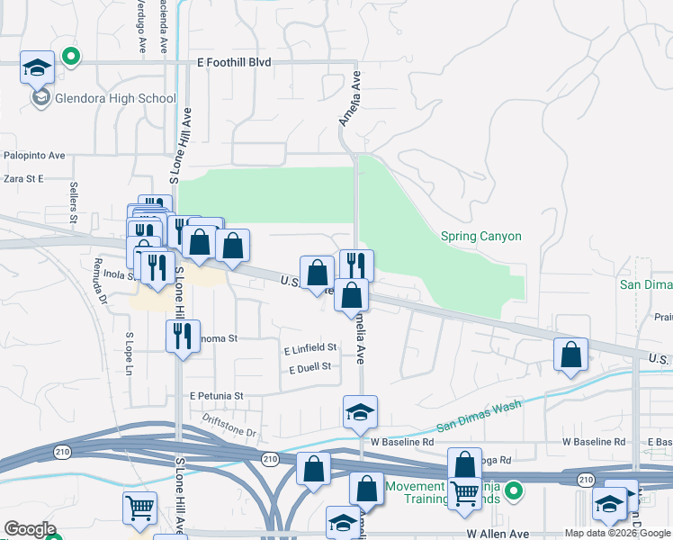 map of restaurants, bars, coffee shops, grocery stores, and more near 2269 Shady Oaks Road in Glendora