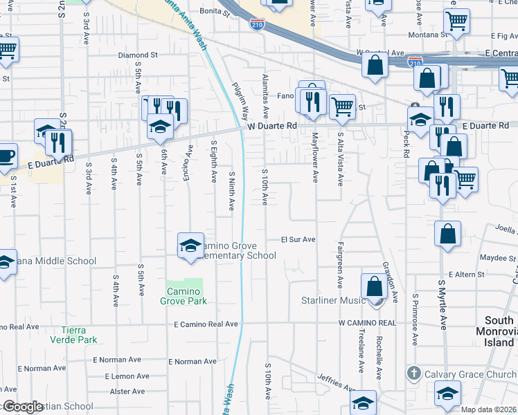 map of restaurants, bars, coffee shops, grocery stores, and more near 1111 South 10th Avenue in Arcadia
