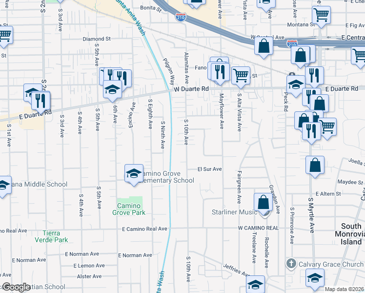map of restaurants, bars, coffee shops, grocery stores, and more near 1111 South 10th Avenue in Arcadia