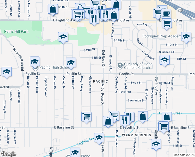 map of restaurants, bars, coffee shops, grocery stores, and more near 25254 Anson Street in San Bernardino