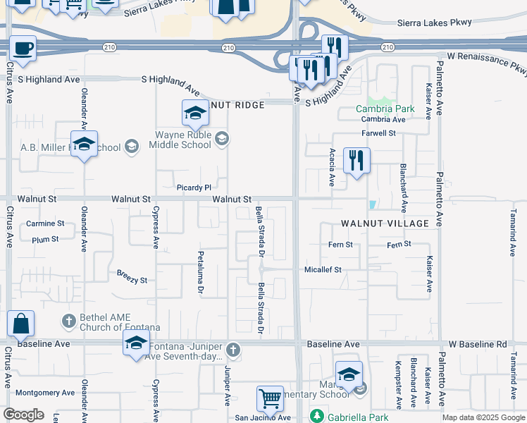 map of restaurants, bars, coffee shops, grocery stores, and more near 6934 Sunbeam Way in Fontana