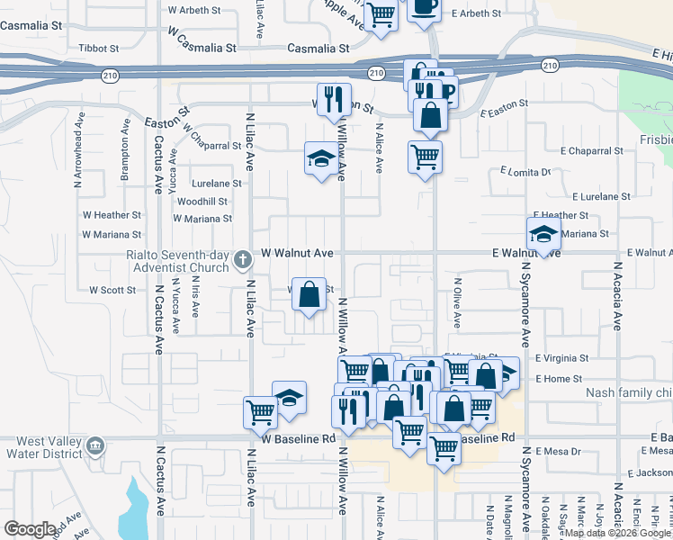 map of restaurants, bars, coffee shops, grocery stores, and more near 1560 North Willow Avenue in Rialto