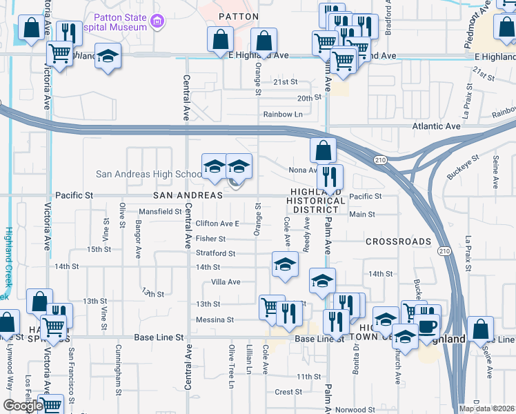map of restaurants, bars, coffee shops, grocery stores, and more near 27100 Mansfield Street in Highland