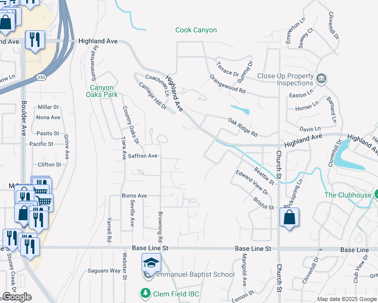 map of restaurants, bars, coffee shops, grocery stores, and more near Gala Street in Highland