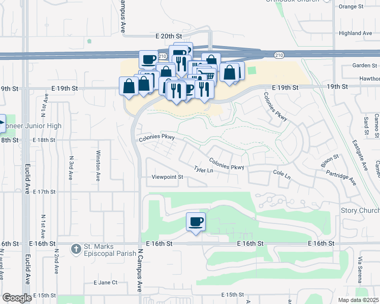 map of restaurants, bars, coffee shops, grocery stores, and more near 1777 Erika Way in Upland