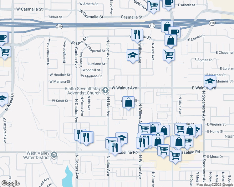 map of restaurants, bars, coffee shops, grocery stores, and more near 1559 N Verde Ave in Rialto