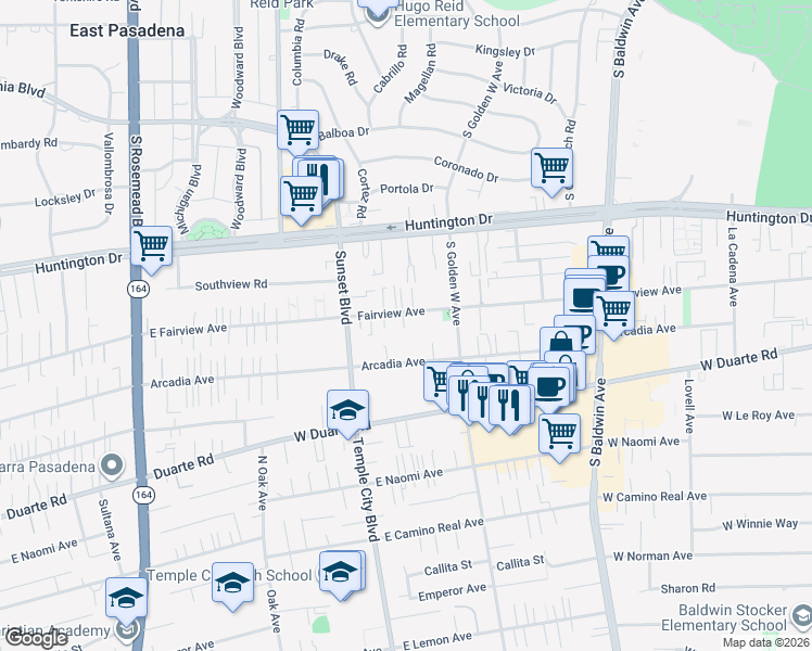 map of restaurants, bars, coffee shops, grocery stores, and more near 946 Fairview Avenue in Arcadia