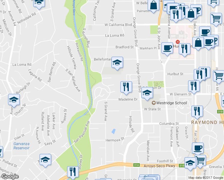 map of restaurants, bars, coffee shops, grocery stores, and more near 591 Busch Place in Pasadena