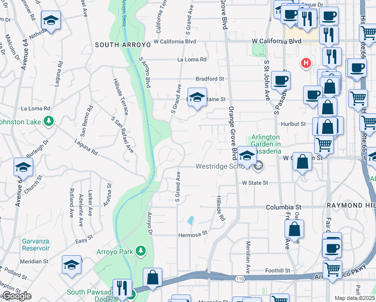 map of restaurants, bars, coffee shops, grocery stores, and more near 591 Busch Place in Pasadena