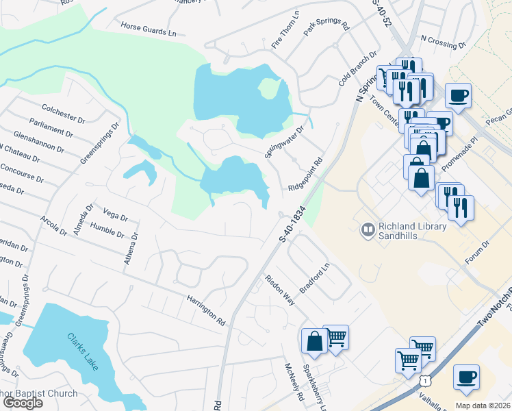 map of restaurants, bars, coffee shops, grocery stores, and more near 123 Fishers Shore Road in Columbia