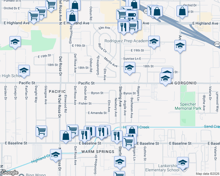 map of restaurants, bars, coffee shops, grocery stores, and more near 25630 Byron Street in San Bernardino