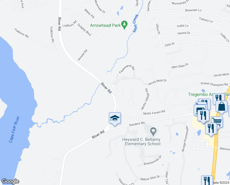 map of restaurants, bars, coffee shops, grocery stores, and more near 6436 Motts Village Road in Wilmington