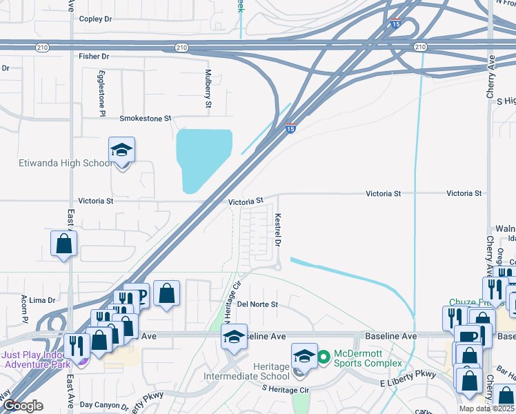 map of restaurants, bars, coffee shops, grocery stores, and more near 13877 Gazania Lane in Fontana