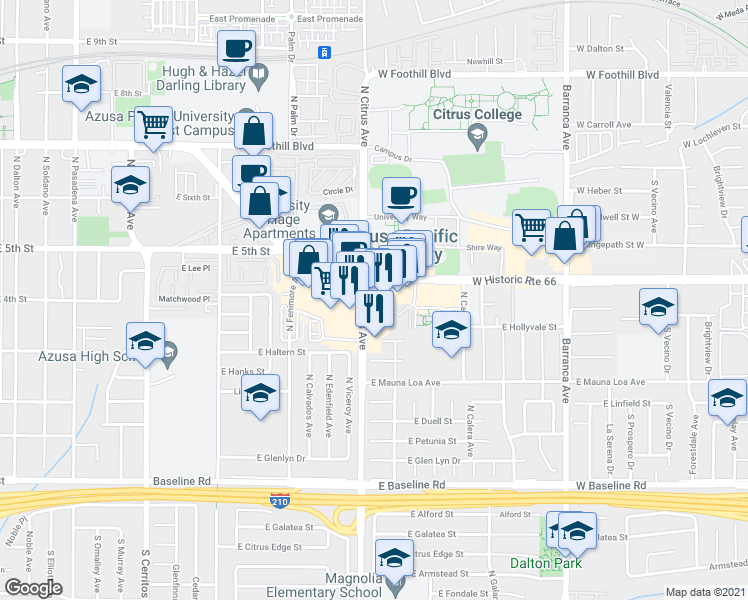 map of restaurants, bars, coffee shops, grocery stores, and more near 390 North Citrus Avenue in Azusa