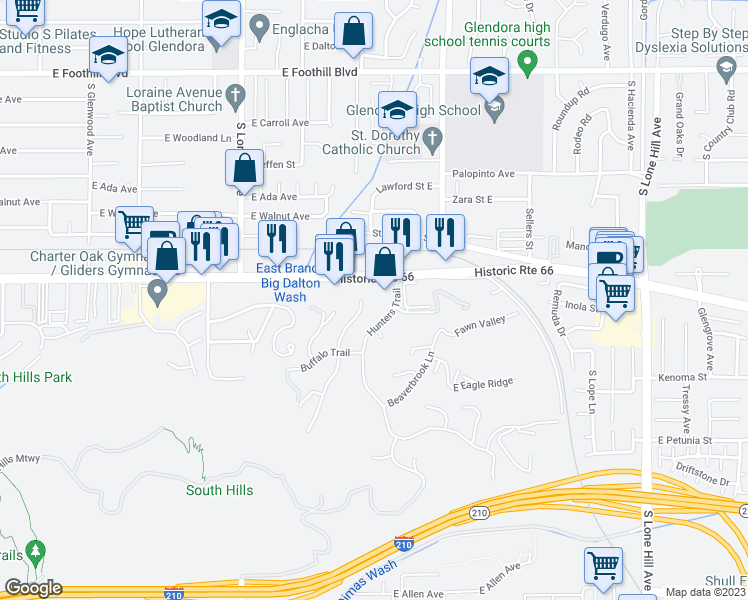 map of restaurants, bars, coffee shops, grocery stores, and more near 1340 East Route 66 in Glendora