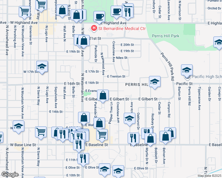 map of restaurants, bars, coffee shops, grocery stores, and more near 532 East Evans Street in San Bernardino