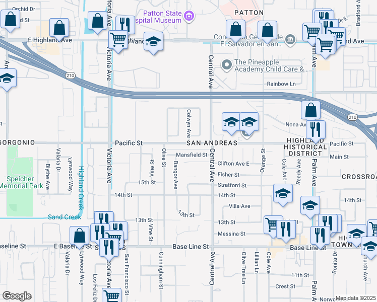 map of restaurants, bars, coffee shops, grocery stores, and more near 26834 Mansfield Street in Highland