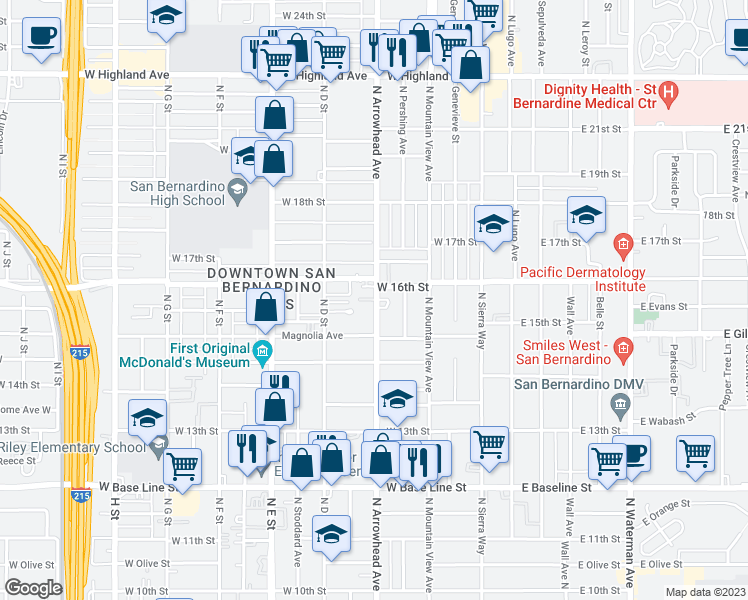 map of restaurants, bars, coffee shops, grocery stores, and more near 1551 North Arrowhead Avenue in San Bernardino