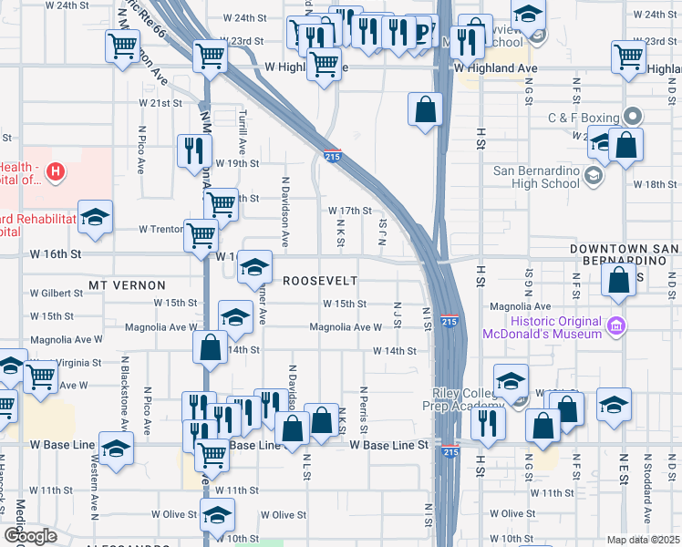 map of restaurants, bars, coffee shops, grocery stores, and more near 1072 West Evans Street in San Bernardino