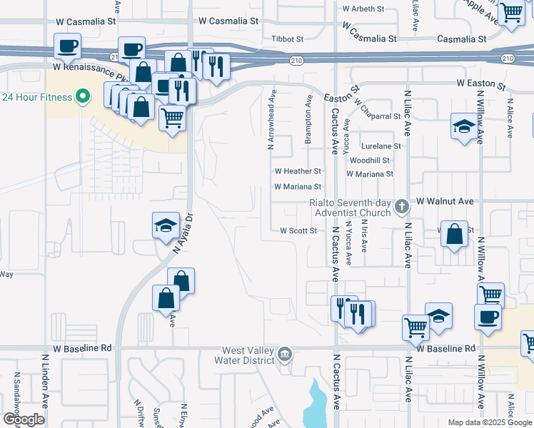 map of restaurants, bars, coffee shops, grocery stores, and more near 849 West Cerritos Street in Rialto