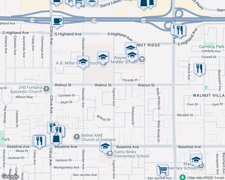 map of restaurants, bars, coffee shops, grocery stores, and more near 16462 Pine Forest Street in Fontana
