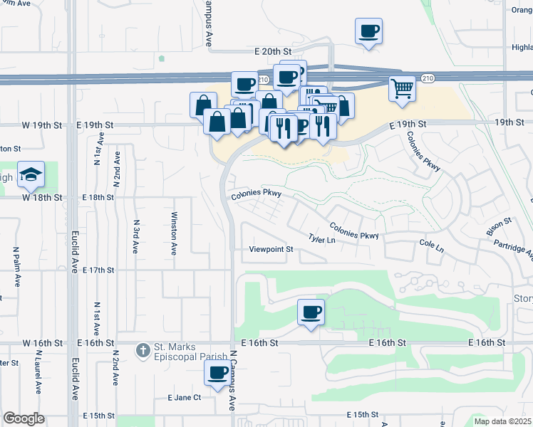 map of restaurants, bars, coffee shops, grocery stores, and more near 872 Matthys Way in Upland