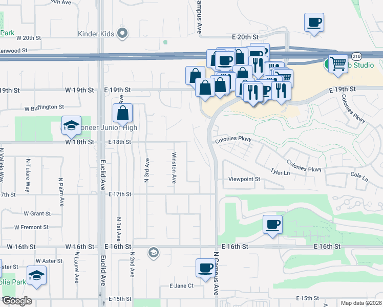 map of restaurants, bars, coffee shops, grocery stores, and more near 1778 Sunnybrook Avenue in Upland
