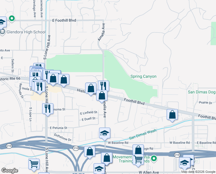 map of restaurants, bars, coffee shops, grocery stores, and more near 2281 Shady Oaks Road in Glendora