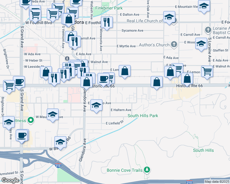 map of restaurants, bars, coffee shops, grocery stores, and more near 622 South Pasadena Avenue in Glendora