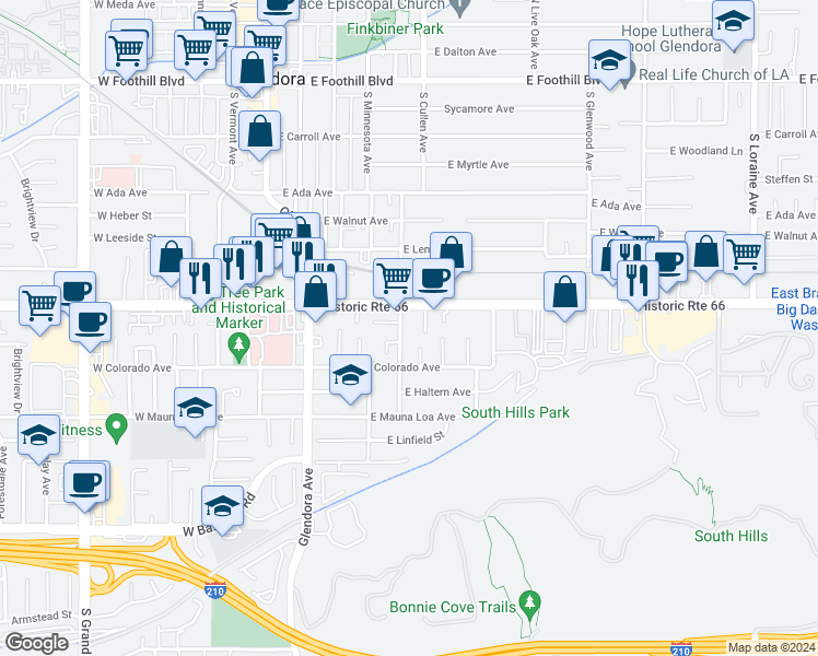 map of restaurants, bars, coffee shops, grocery stores, and more near 622 South Pasadena Avenue in Glendora