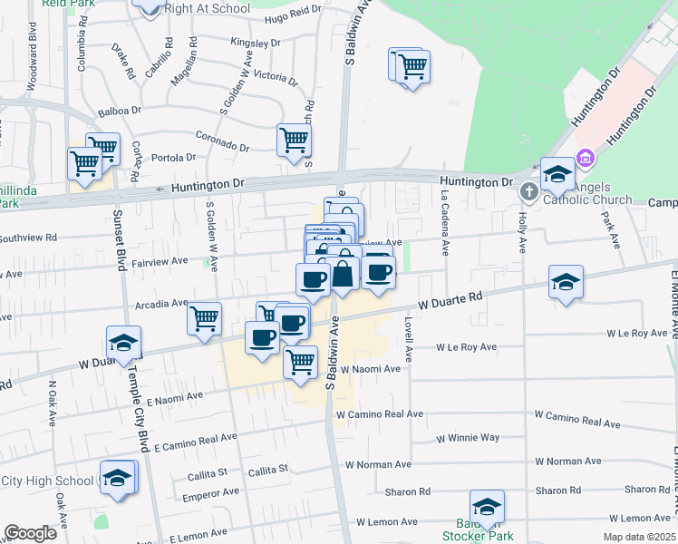 map of restaurants, bars, coffee shops, grocery stores, and more near 1020 South Baldwin Avenue in Arcadia