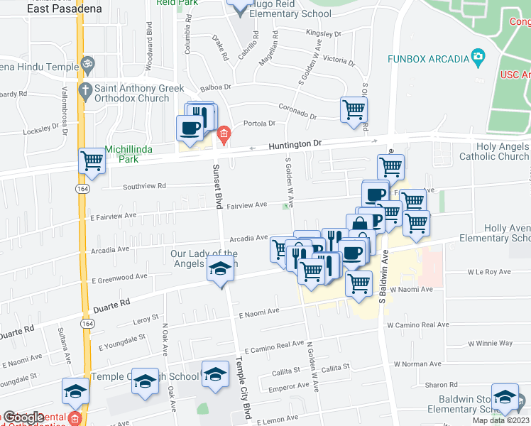 map of restaurants, bars, coffee shops, grocery stores, and more near 930 Fairview Avenue in Arcadia