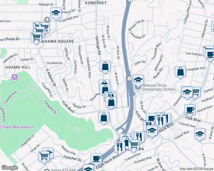 map of restaurants, bars, coffee shops, grocery stores, and more near 4225 West Avenue 40 in Los Angeles