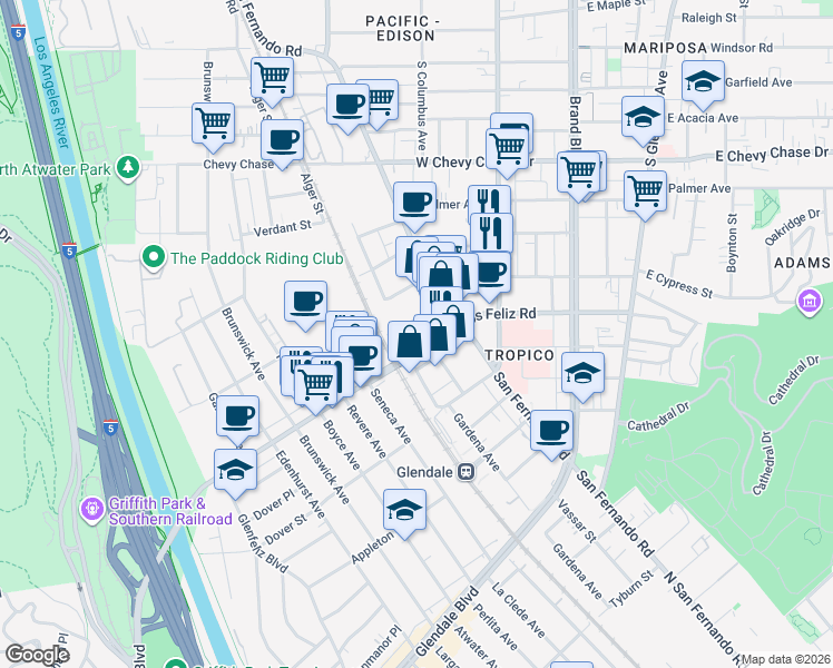 map of restaurants, bars, coffee shops, grocery stores, and more near 450 Fernando Court in Glendale