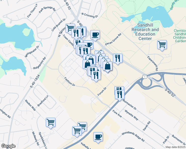 map of restaurants, bars, coffee shops, grocery stores, and more near 493-2 Town Center Place in Columbia