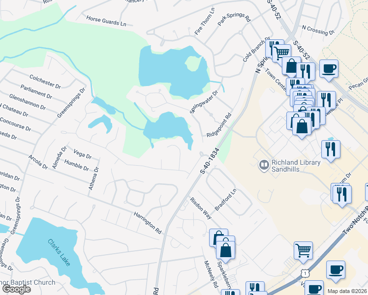 map of restaurants, bars, coffee shops, grocery stores, and more near 123 Fishers Shore Road in Columbia