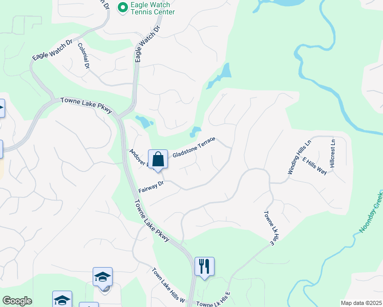 map of restaurants, bars, coffee shops, grocery stores, and more near 3102 Royal Troon in Woodstock